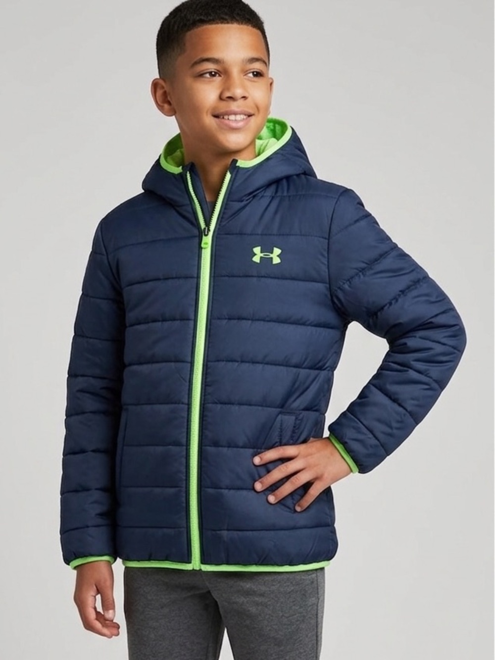 Under Armour Youth Navy Puffer Jacket with Lime Accents-Hood